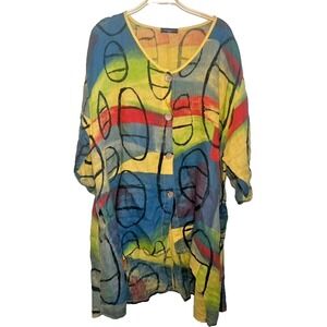 MADE IN ITALY Women's Free Size XL Abstract Print 100% Linen Art to Wear Tunic